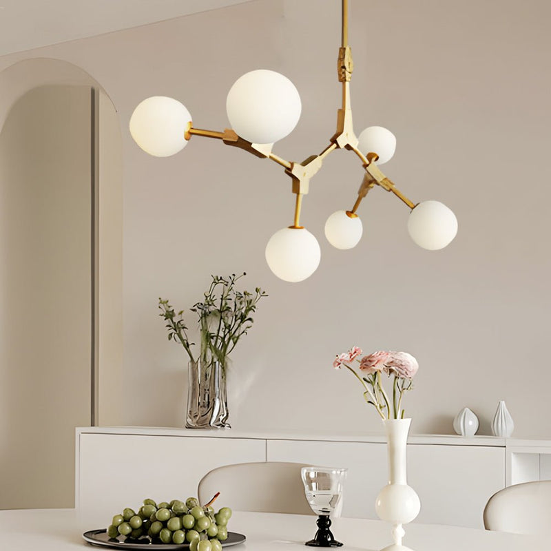 Elegant 6/8-Light Gold Molecule Chandelier with White Glass Shades - Modern Lighting Fixture for Home Decor