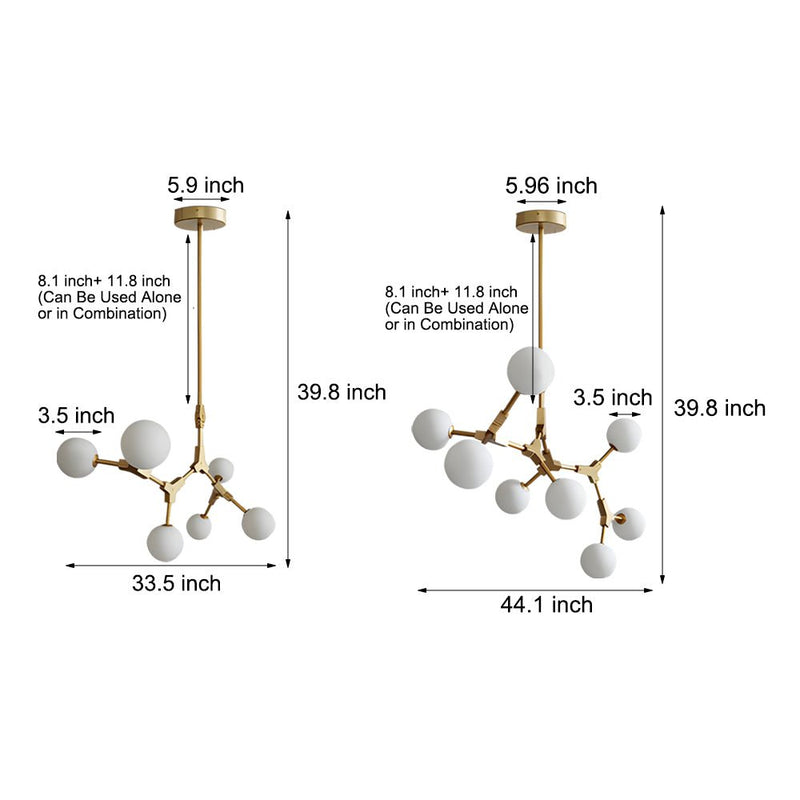 Elegant 6/8-Light Gold Molecule Chandelier with White Glass Shades - Modern Lighting Fixture for Home Decor