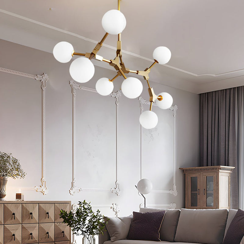 Elegant 6/8-Light Gold Molecule Chandelier with White Glass Shades - Modern Lighting Fixture for Home Decor