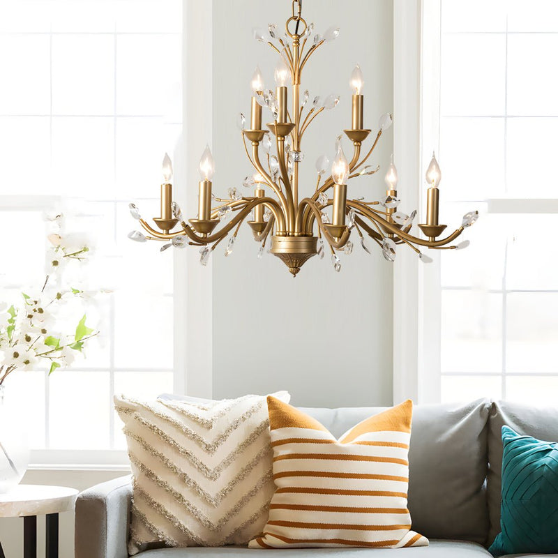 Elegant 6/9-Light Brass Branch Vintage Chandelier with Crystal Accents - Stunning Candle-Style Design