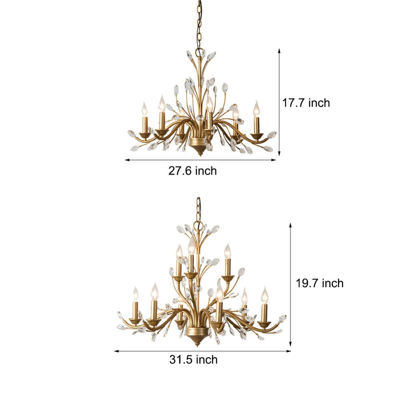 Elegant 6/9-Light Brass Branch Vintage Chandelier with Crystal Accents - Stunning Candle-Style Design