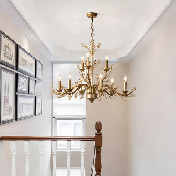 Elegant 6/9-Light Brass Branch Vintage Chandelier with Crystal Accents - Stunning Candle-Style Design