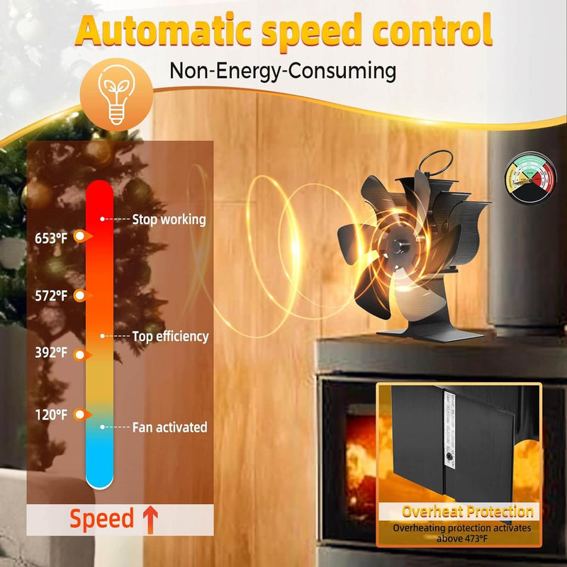 6-Blade Heat Powered Wood Stove Fan - Energy Efficient Fireplace Fan for Enhanced Heat Distribution