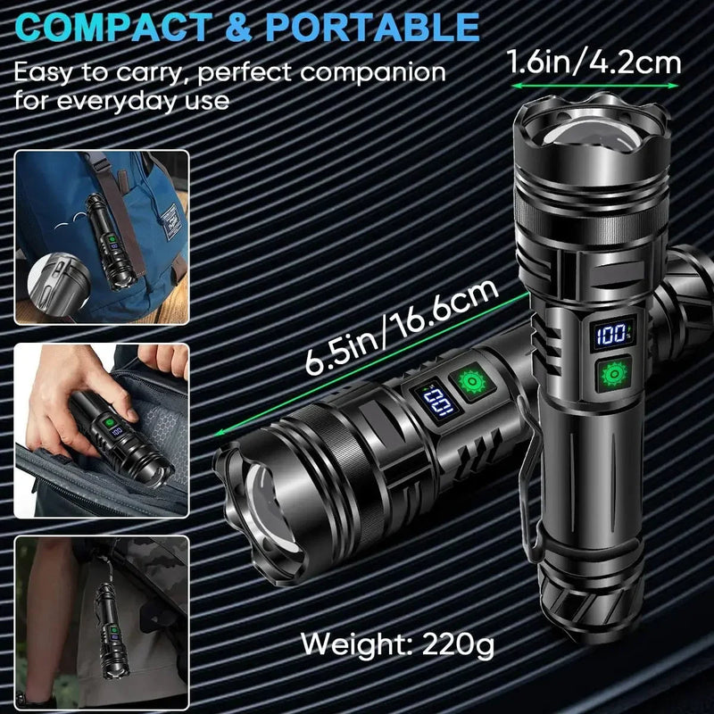 Super Bright 100,000 LM Rechargeable LED Tactical Flashlight - Ultra-High Lumens, Waterproof, Compact & Durable for Outdoor Adventures
