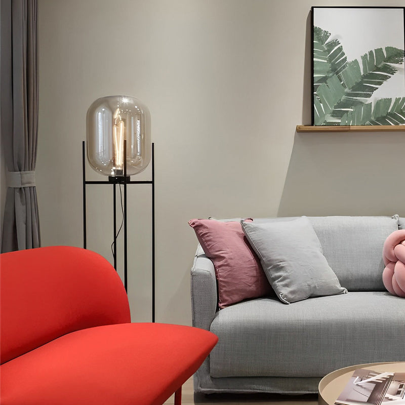 Industrial Standing Metal Floor Lamp with Hand-Blown Glass Shade - Modern Home Lighting