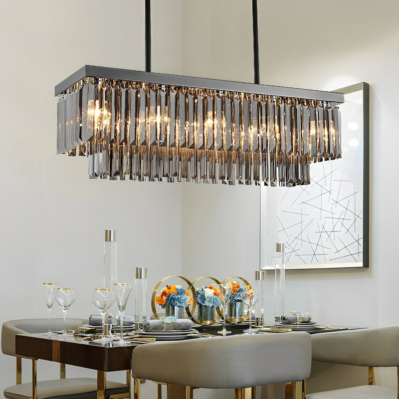 Sleek Modern Rectangular Crystal LED Chandelier - 3-Step Dimming, Smoke Gray Finish