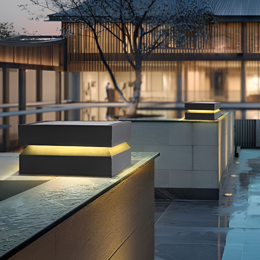 16W Waterproof Black Square LED Solar Post Cap Lights - Modern Pillar Lighting for Outdoor Use