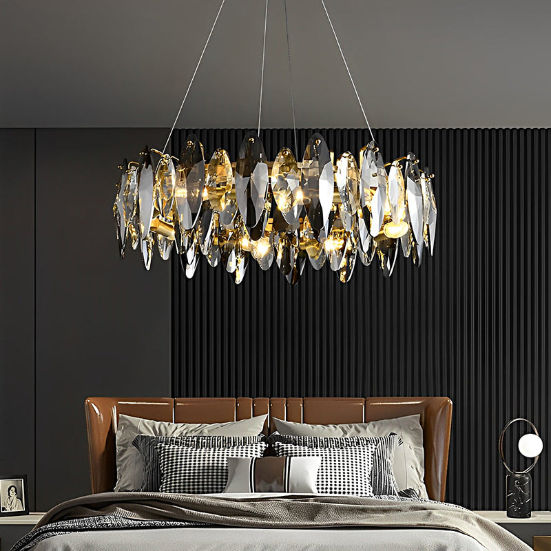 Modern Round Iron LED Oval Crystal Chandelier - Smoke Gray Finish - Elegant Lighting Fixture for Home Decor
