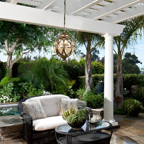 European Retro Pendant Light - Aluminum & Glass Hanging Ball for Outdoor Ceiling Illumination
