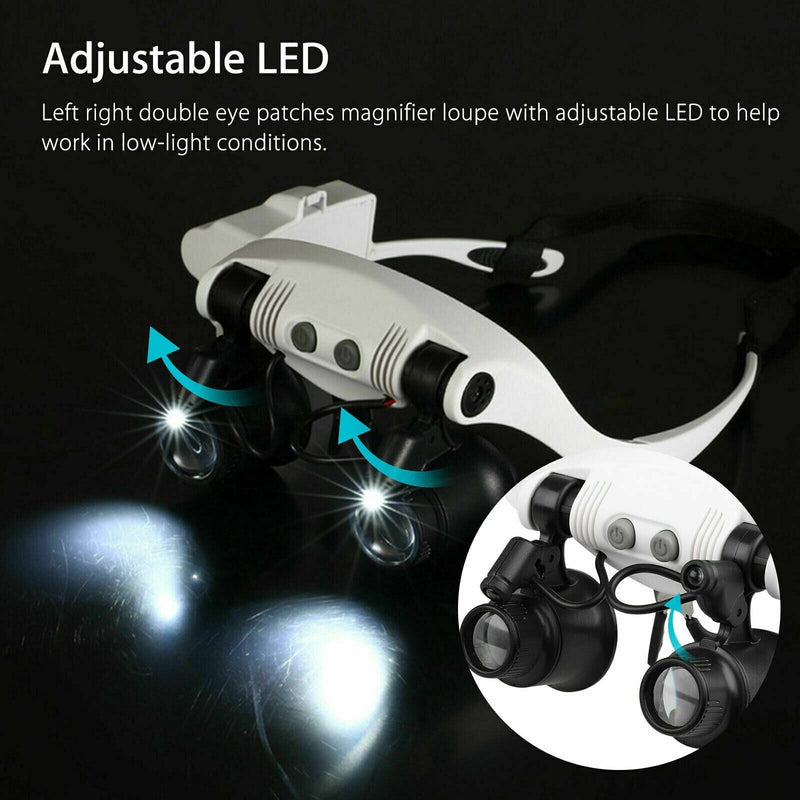 LED Headband Magnifier with 8 Interchangeable Lenses - Adjustable Jeweler's Glasses for Precision Work and Detailed Viewing