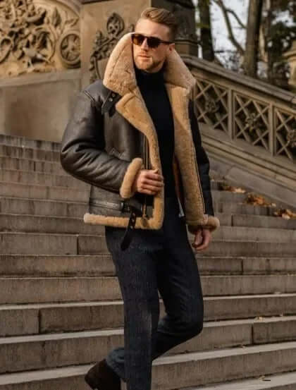 Men's Premium Shearling Sheepskin Flying Jacket - Classic Aviator Style for Ultimate Warmth & Comfort