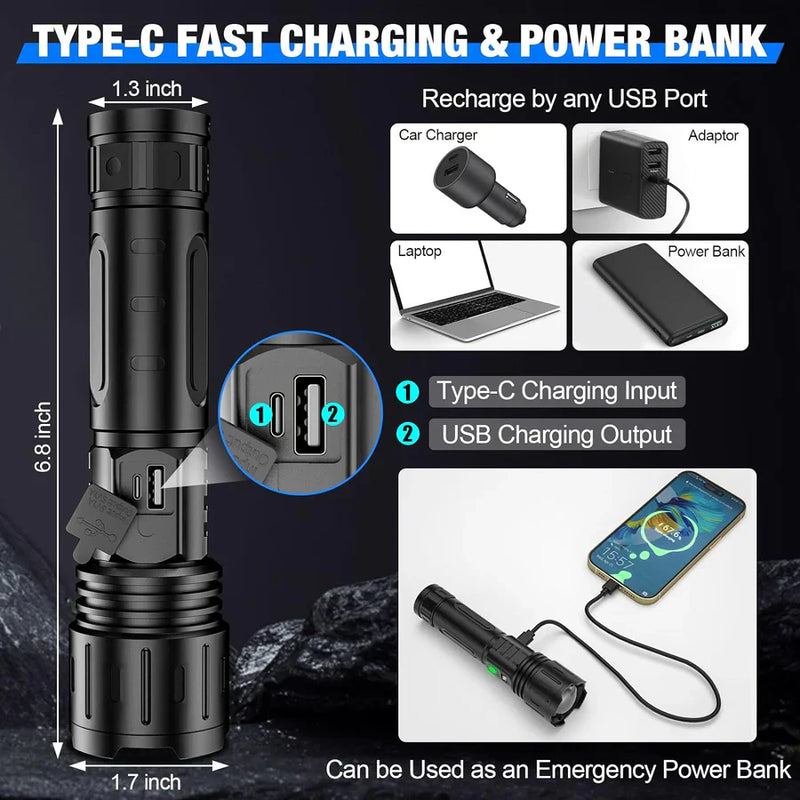Super Bright 100,000 LM Rechargeable LED Tactical Flashlight - Ultra-High Lumens, Waterproof, Compact & Durable for Outdoor Adventures