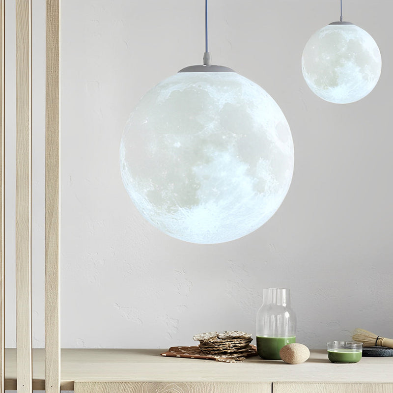 Round Moon Lunar 3D Pendant Lamp - Creative White Hanging Ceiling Light for Modern Home Decor