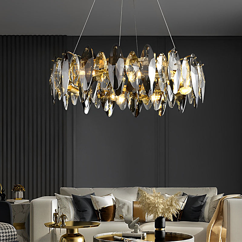 Modern Round Iron LED Oval Crystal Chandelier - Smoke Gray Finish - Elegant Lighting Fixture for Home Decor