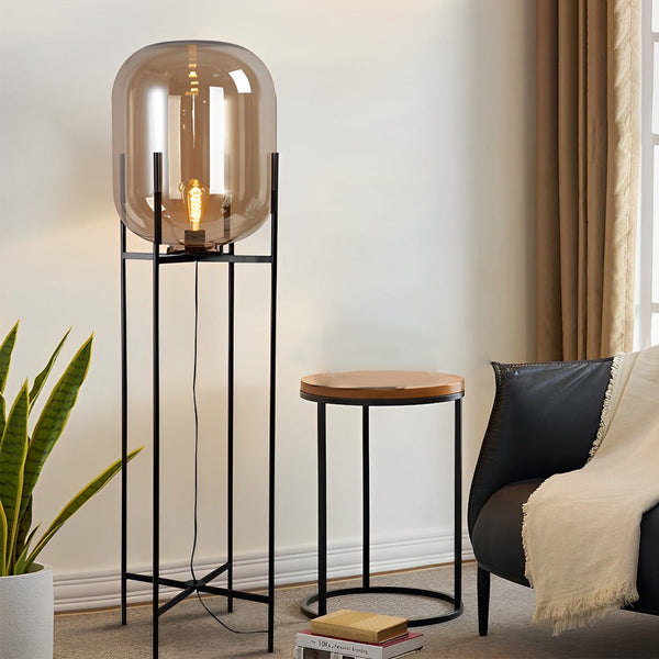 Industrial Standing Metal Floor Lamp with Hand-Blown Glass Shade - Modern Home Lighting