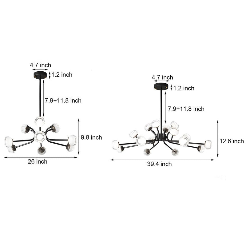 9/16-Light Black LED Sputnik Chandelier - Modern Mid-Century Design, Energy Efficient Lighting Fixture for Living Room, Dining Room, or Entryway