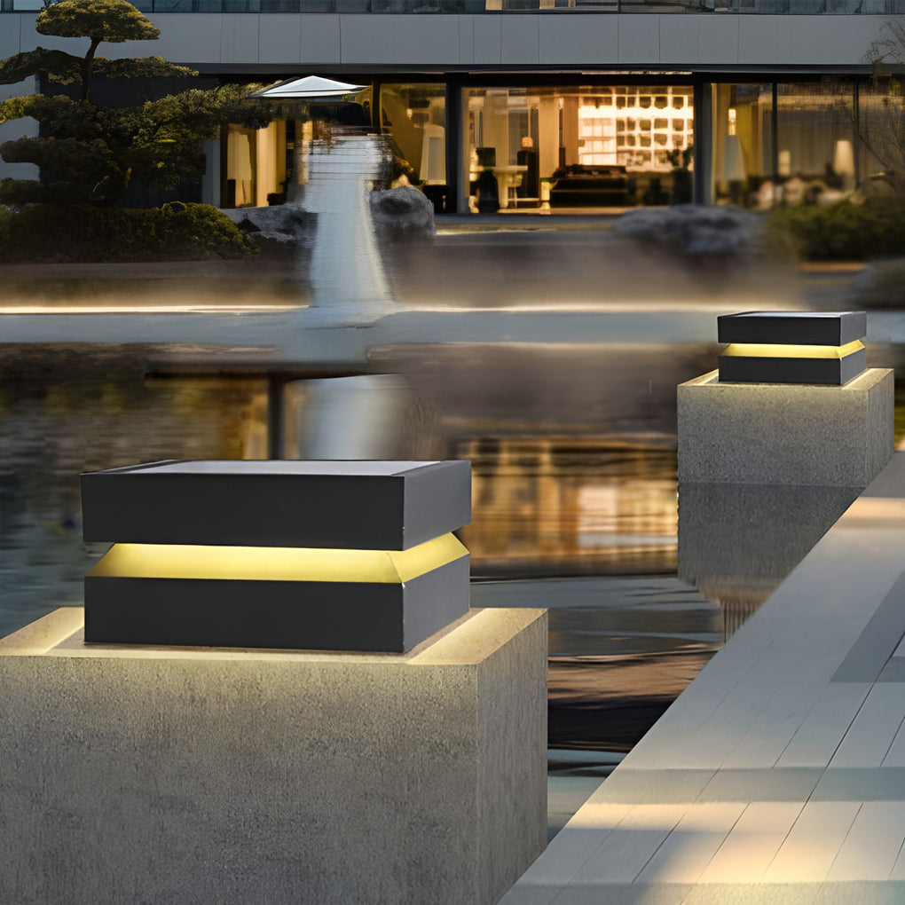 16W Waterproof Black Square LED Solar Post Cap Lights - Modern Pillar Lighting for Outdoor Use
