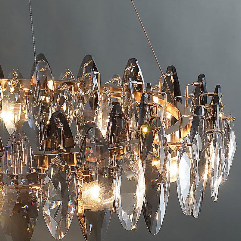 Modern Round Iron LED Oval Crystal Chandelier - Smoke Gray Finish - Elegant Lighting Fixture for Home Decor