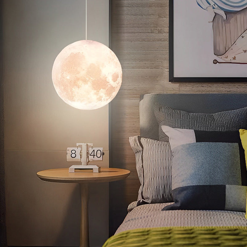 Round Moon Lunar 3D Pendant Lamp - Creative White Hanging Ceiling Light for Modern Home Decor