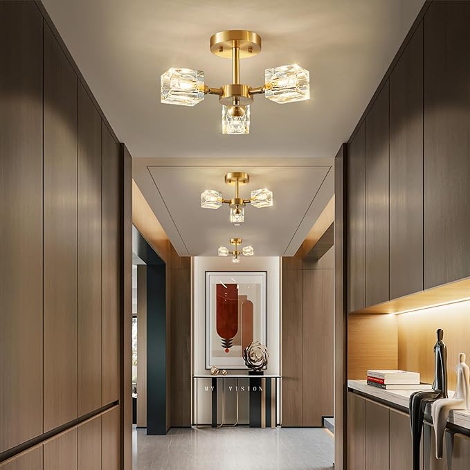 Elegant Crystal Ceiling Light Fixture with Gold Semi Flush Mount - Modern Home Lighting