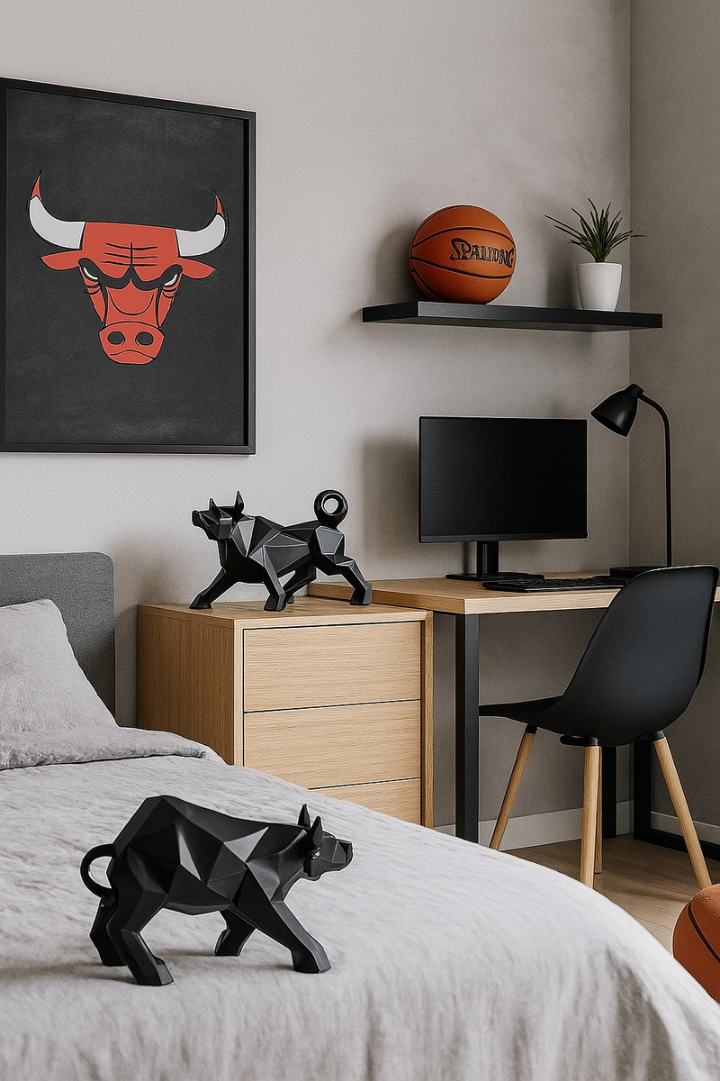 Black Geometric Bull Sculpture – Upright Pose