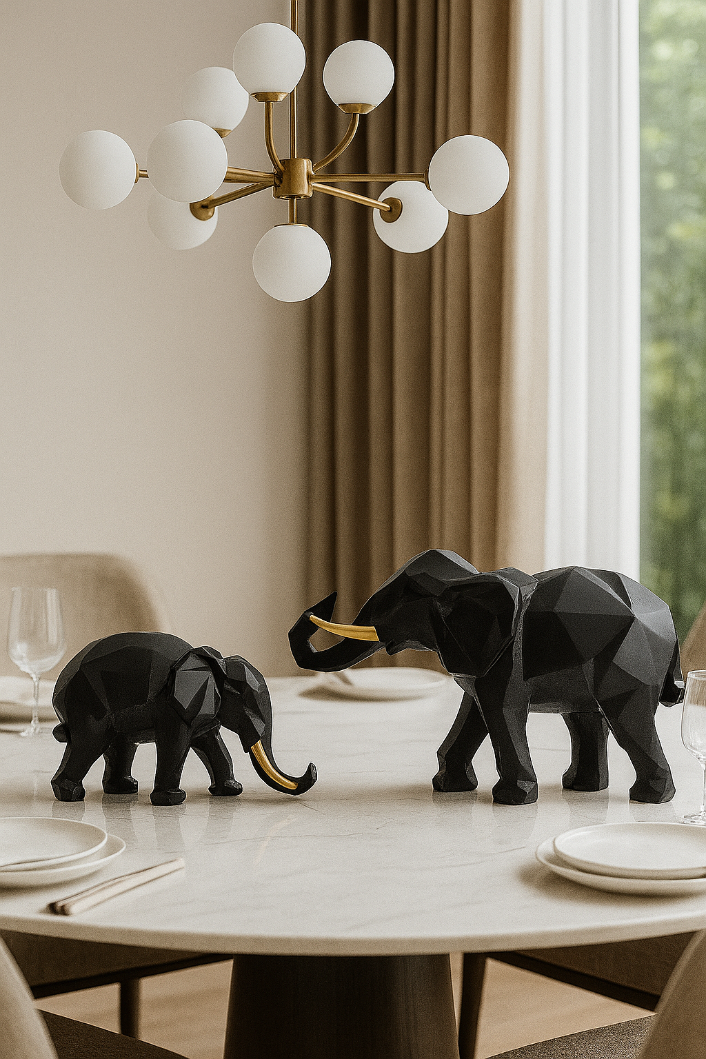 Geometric Elephant Sculpture Set – Black & Gold Modern Decor