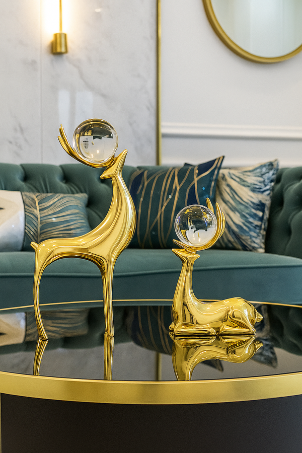 Gold Reindeer Sculptures with Crystal Globes – Set of 2