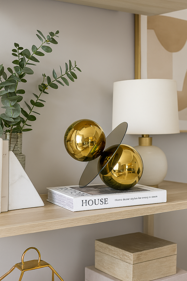 Modern Gold Orb and Mirror Balance Sculpture