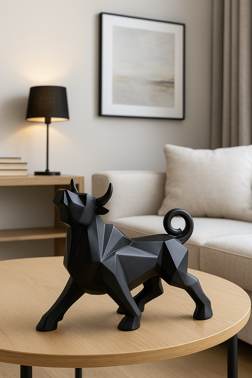 Black Geometric Bull Sculpture – Upright Pose