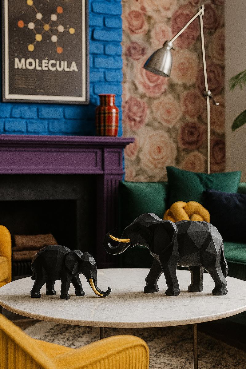 Geometric Elephant Sculpture Set – Black & Gold Modern Decor