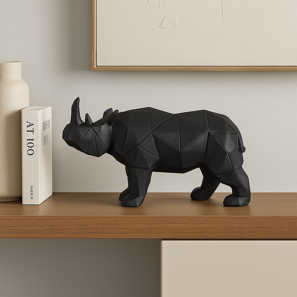 Geometric Rhino Sculpture – Modern Matte Black Decor