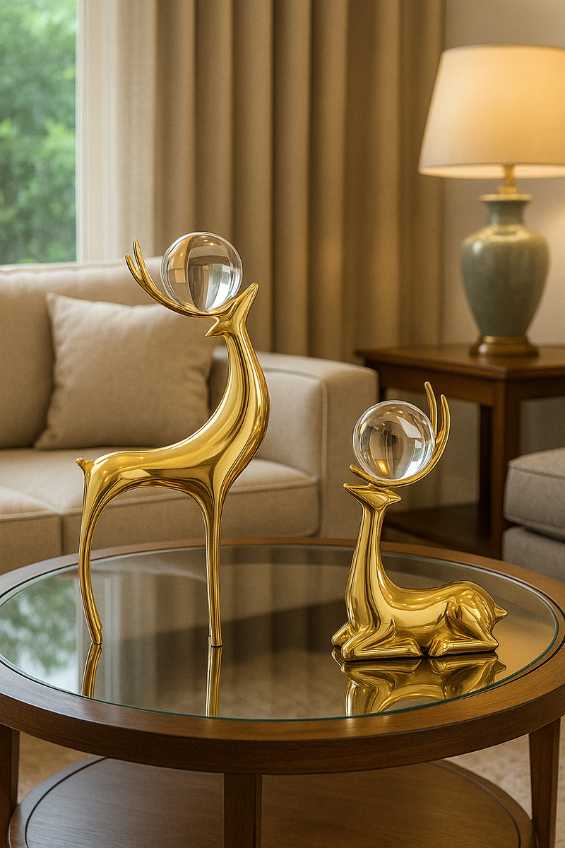 Gold Reindeer Sculptures with Crystal Globes – Set of 2
