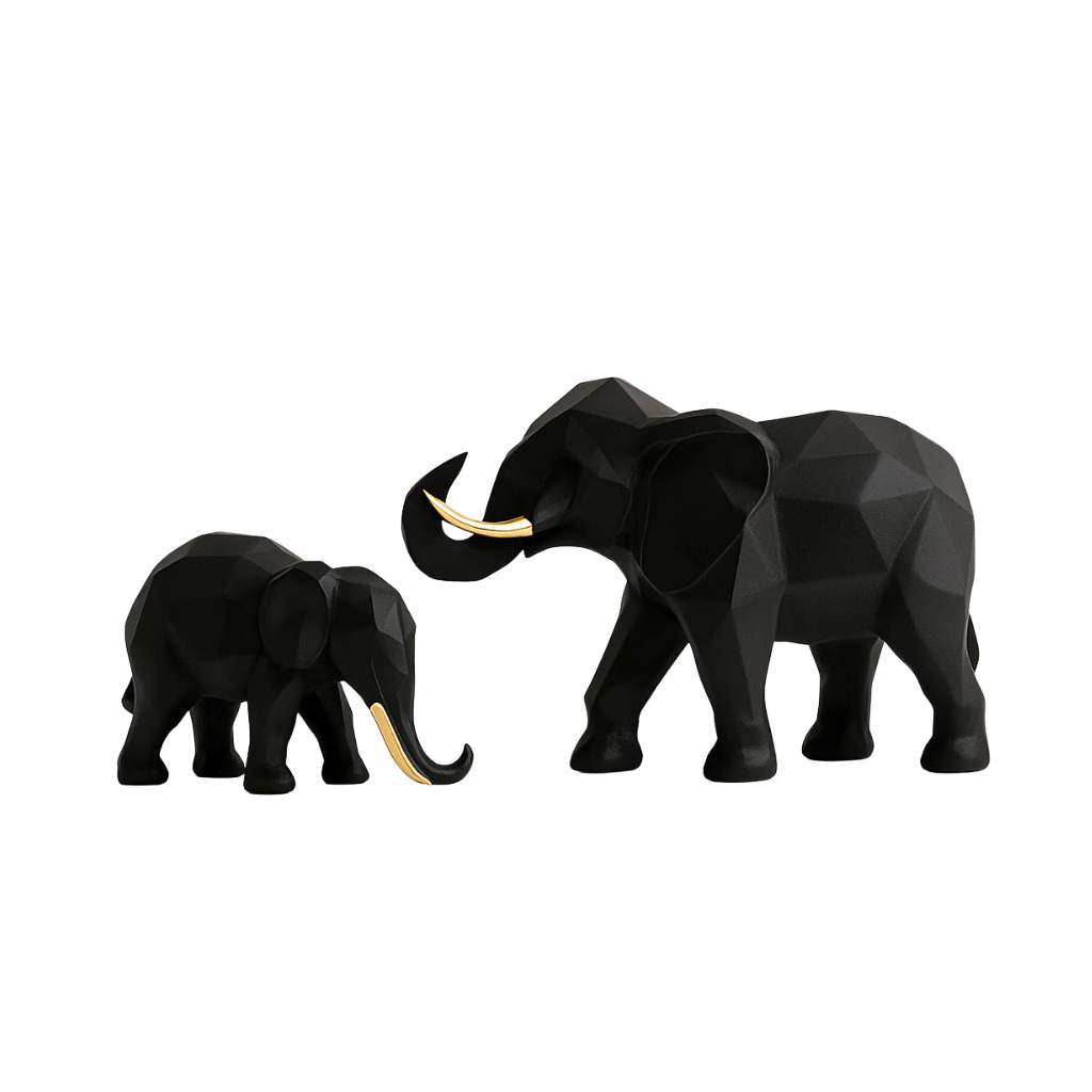 Geometric Elephant Sculpture Set – Black & Gold Modern Decor