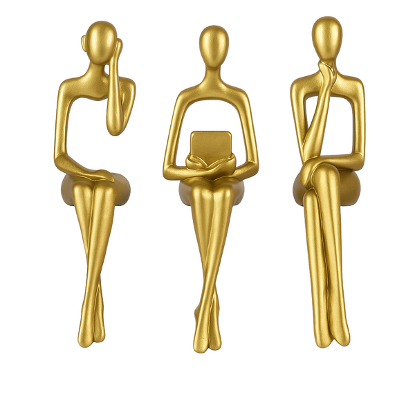 Set of 3 Modern Abstract Gold Thinker Sculptures