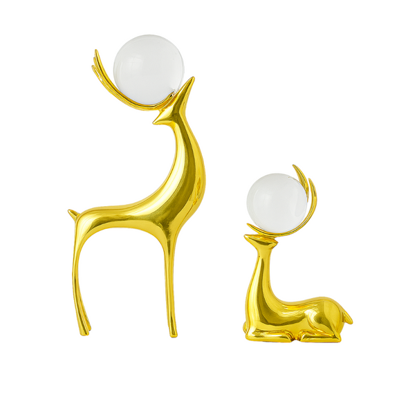 Gold Reindeer Sculptures with Crystal Globes – Set of 2