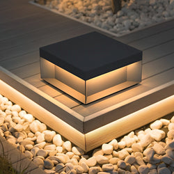 Black Square LED Hardwired & Solar Outdoor Pier Mount Lantern Post Light - Energy-Efficient Garden Lighting