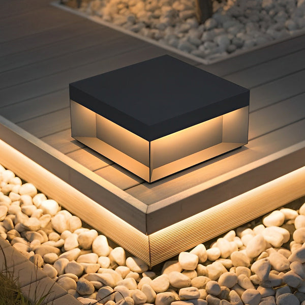Black Square LED Hardwired & Solar Outdoor Pier Mount Lantern Post Light - Energy-Efficient Garden Lighting