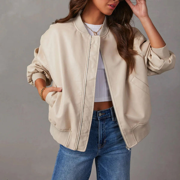 Women's Oversized Leather Jacket with Zipper Closure | Ribbed Hem | Hip-Length Stylish Outerwear for Trendy Looks