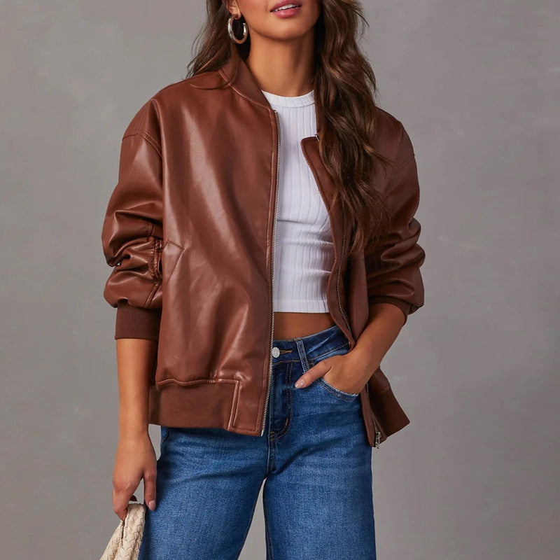 Women's Oversized Leather Jacket with Zipper Closure | Ribbed Hem | Hip-Length Stylish Outerwear for Trendy Looks