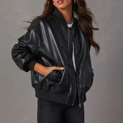 Women's Oversized Leather Jacket with Zipper Closure | Ribbed Hem | Hip-Length Stylish Outerwear for Trendy Looks