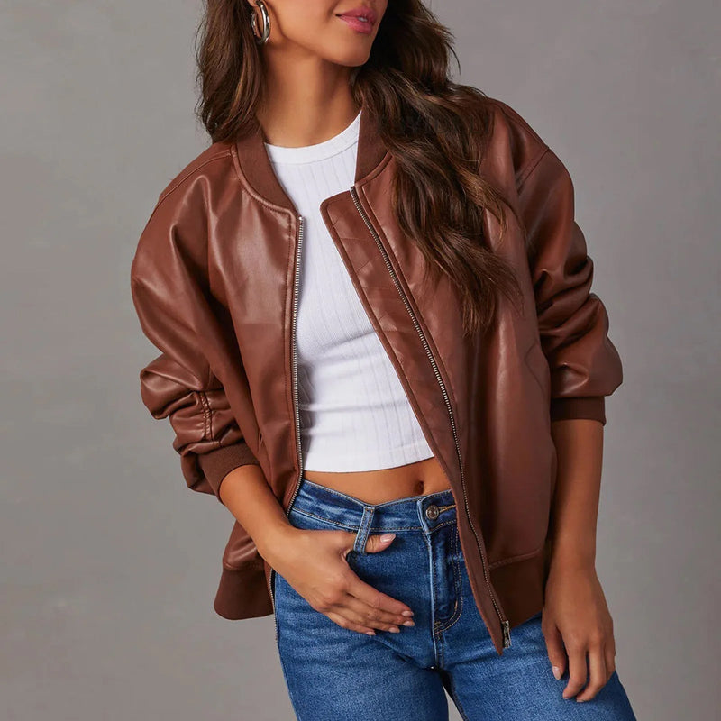 Women's Oversized Leather Jacket with Zipper Closure | Ribbed Hem | Hip-Length Stylish Outerwear for Trendy Looks
