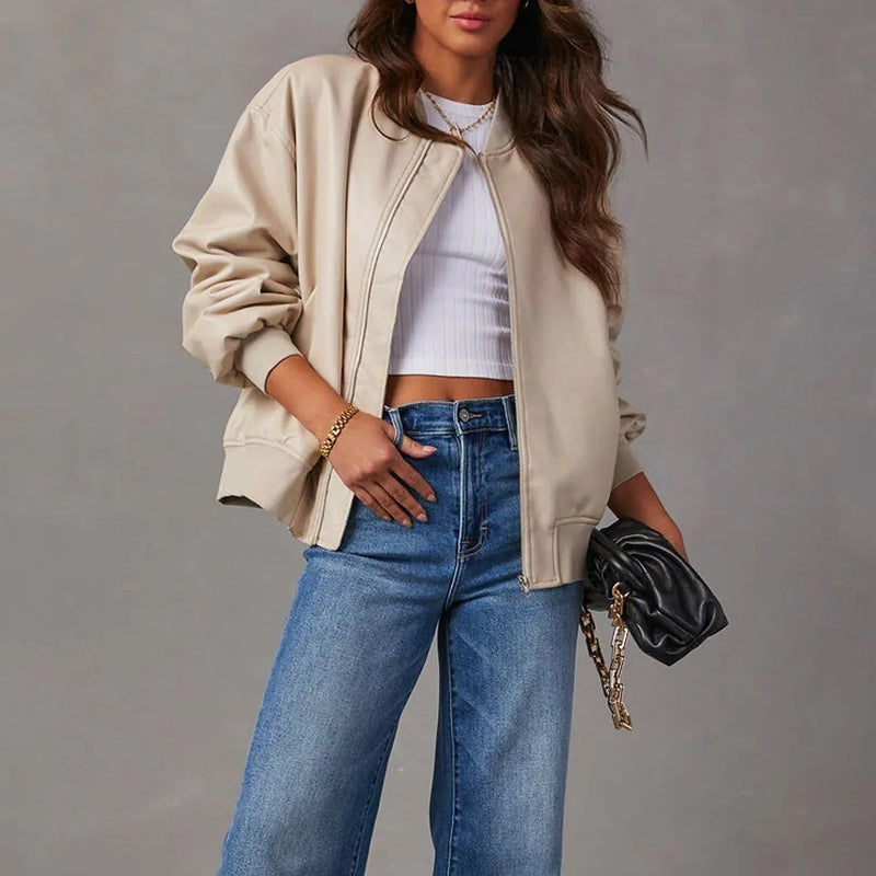 Women's Oversized Leather Jacket with Zipper Closure | Ribbed Hem | Hip-Length Stylish Outerwear for Trendy Looks