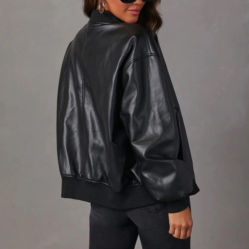Women's Oversized Leather Jacket with Zipper Closure | Ribbed Hem | Hip-Length Stylish Outerwear for Trendy Looks