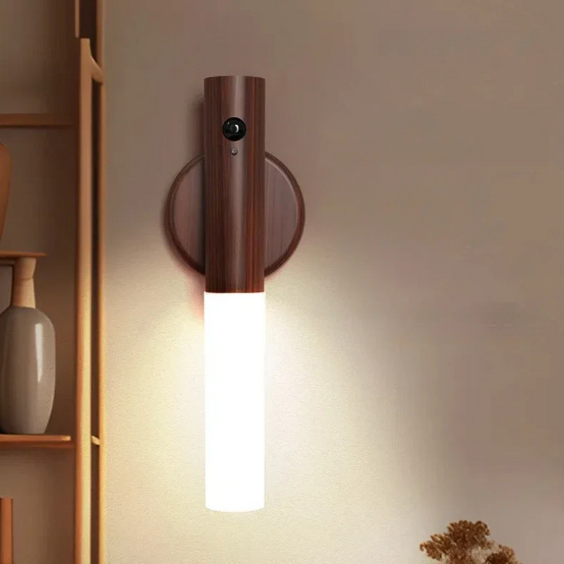 LED Wall Light with Motion Sensor - Stylish Wooden Lamp for Home Decor