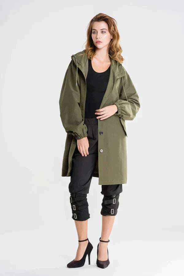 Stylish Women's Waterproof Hooded Jacket with Button Closure - Functional Rainwear for All Weather