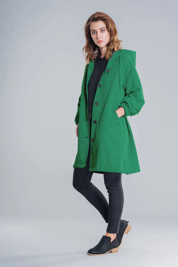 Stylish Women's Waterproof Hooded Jacket with Button Closure - Functional Rainwear for All Weather