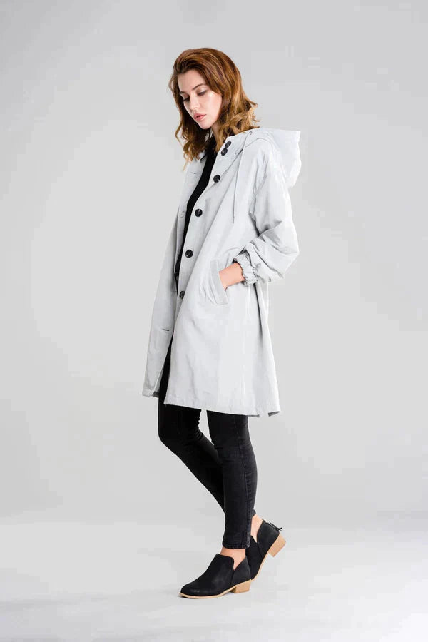 Stylish Women's Waterproof Hooded Jacket with Button Closure - Functional Rainwear for All Weather