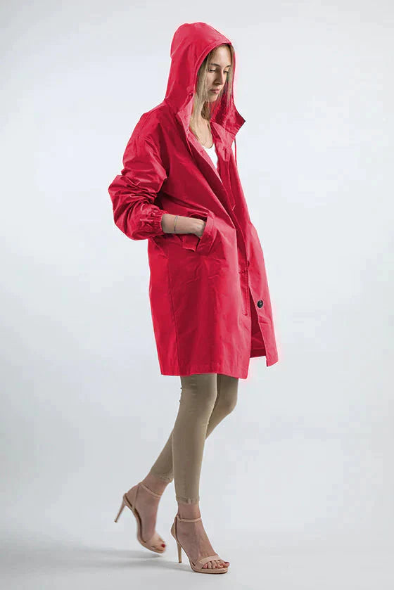 Stylish Women's Waterproof Hooded Jacket with Button Closure - Functional Rainwear for All Weather