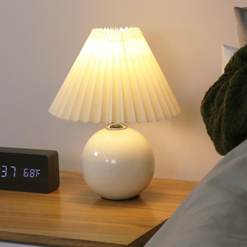 Elegant Modern White Globe Ceramic Table Lamp with Pleated Shade - Stylish Home Lighting