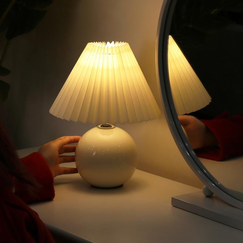 Elegant Modern White Globe Ceramic Table Lamp with Pleated Shade - Stylish Home Lighting